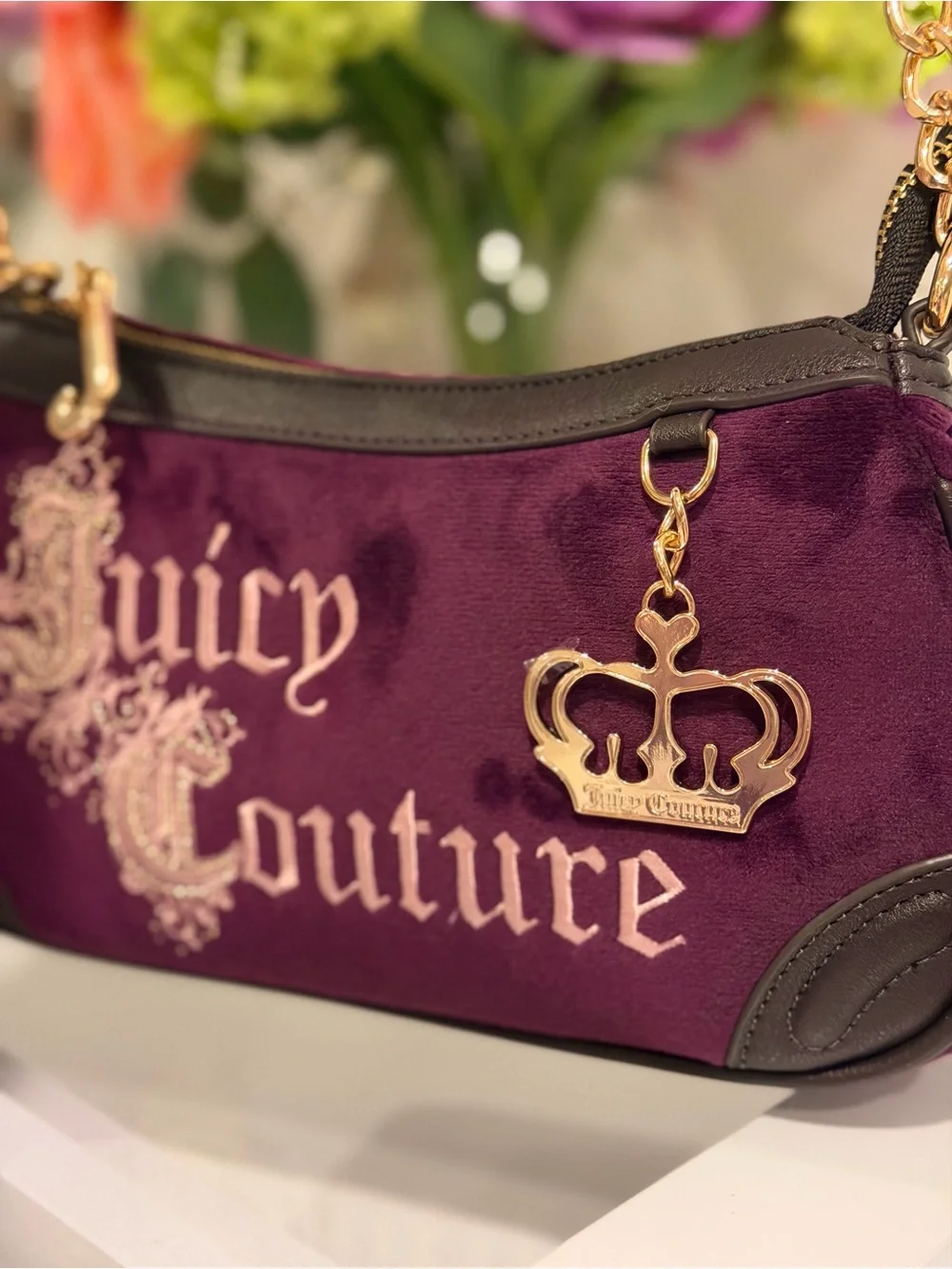 Juicy Couture Renaissance pickled beet purple gothic logo velour satchel Charm